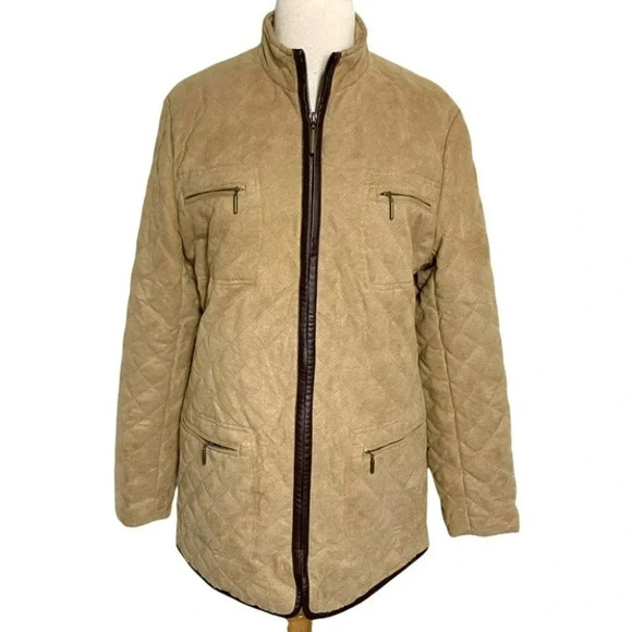 Pamela McCoy S tan with brown trim quilted zip coat with 4 front pockets - Picture 3 of 5